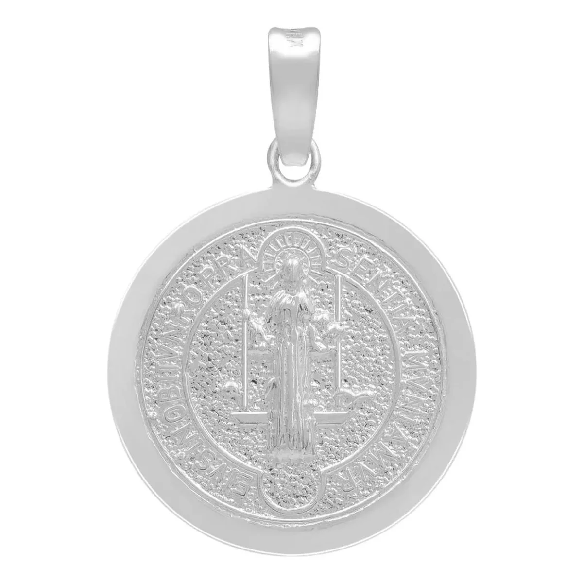 Dije Medalla San Benito Plata .925 pulida, doble vista con Cruz. Colgante de plata ley .925, joyería de fe con significado.