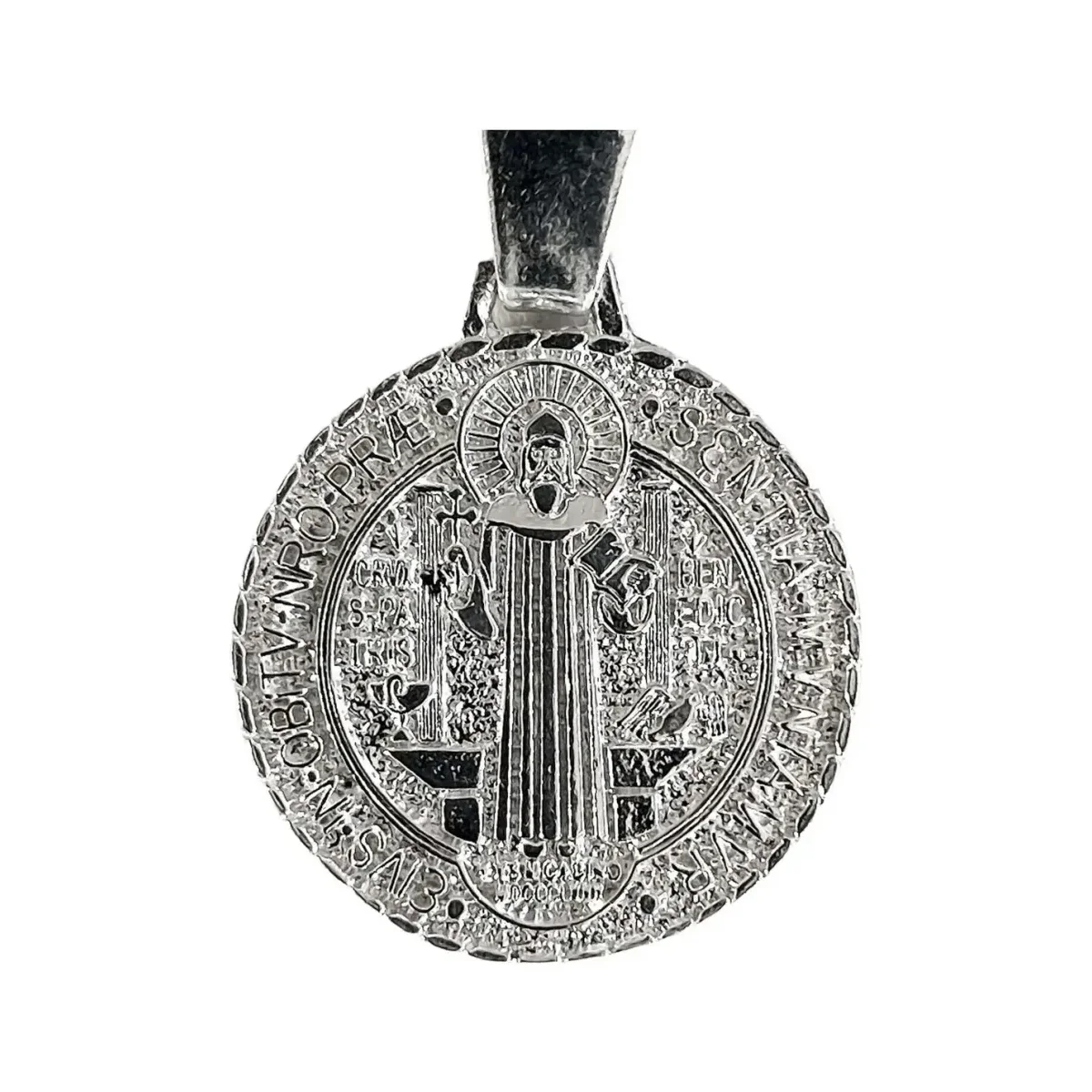 Dije Medalla San Benito de Plata .925 Doble Vista Diamantada 25 mm - Imagen 2