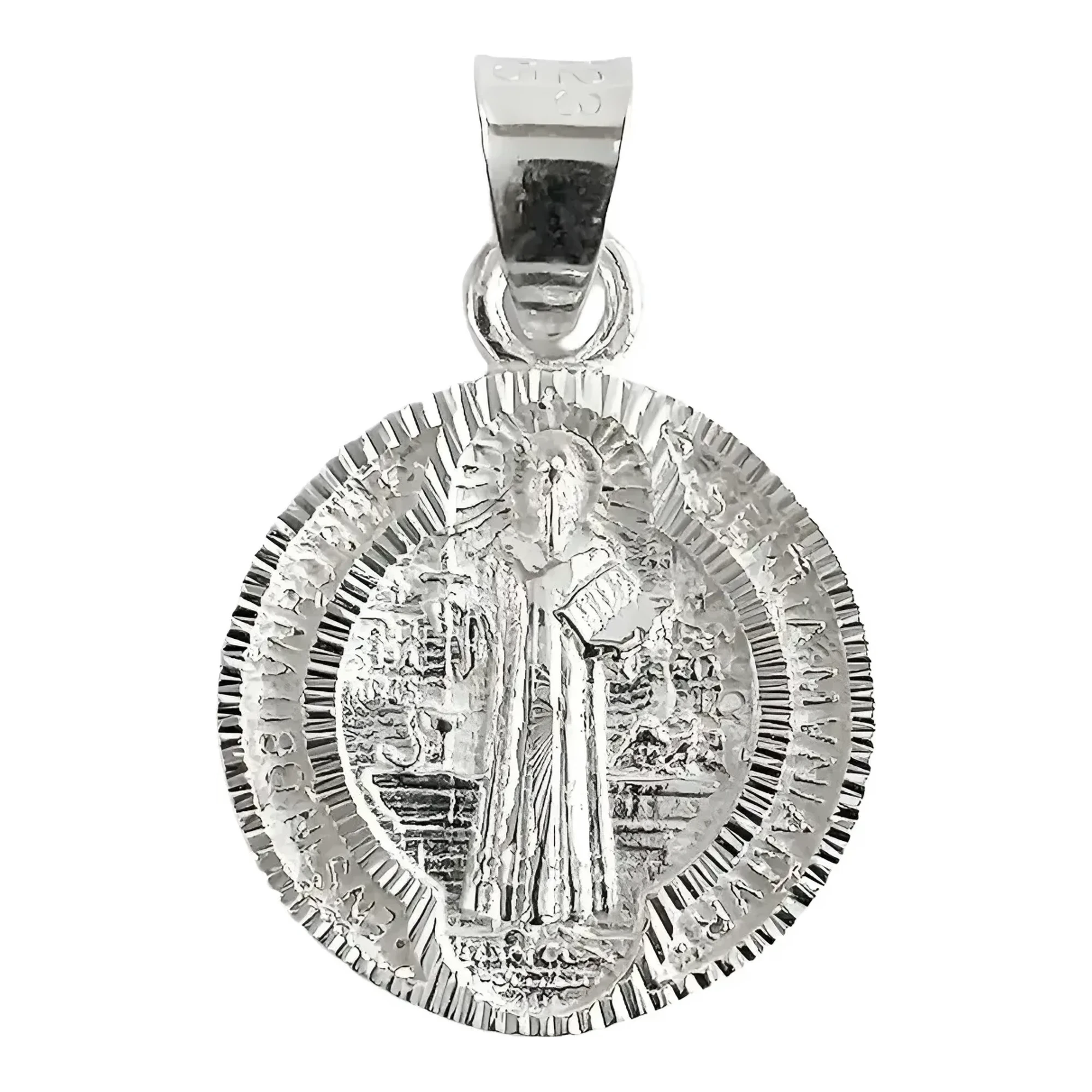 Dije medalla San Benito plata .925 nacional circular doble vista diamantada 27x18 mm con broche de perico y relieve religioso