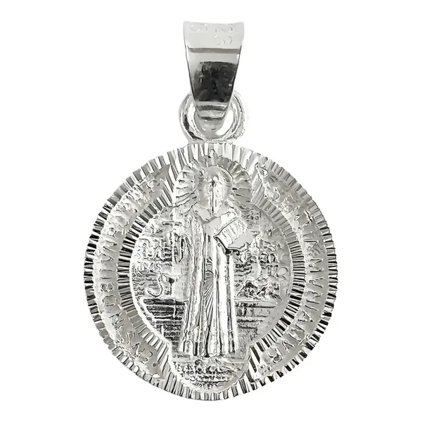 Dije Medalla San Benito Plata 925 Doble Vista Diamantado - Imagen 1