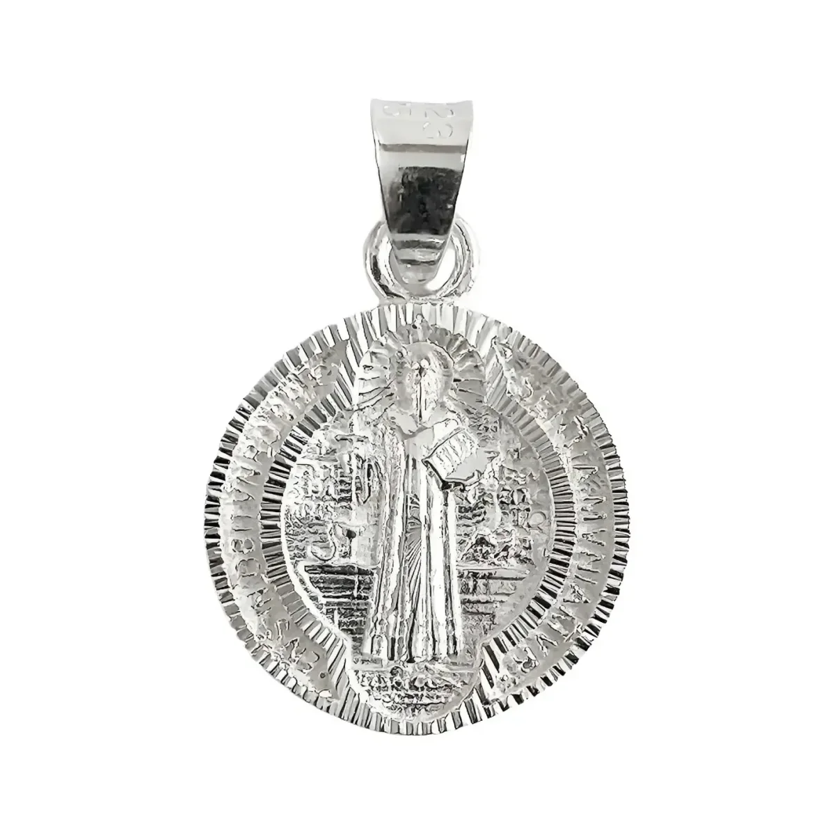 Dije Medalla San Benito Plata .925 doble vista diamantado. Joyería espiritual, diseño artesanal mexicano, collares de plata.
