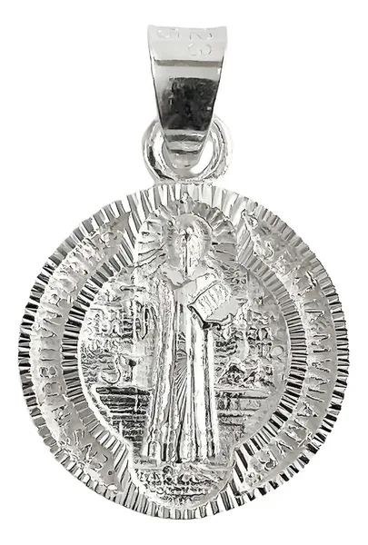 Dije Medalla San Benito Plata 925 Doble Vista Diamantado - Imagen 1