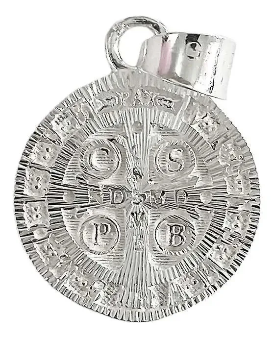 Dije Medalla San Benito Plata 925 Doble Vista Diamantado - Imagen 1