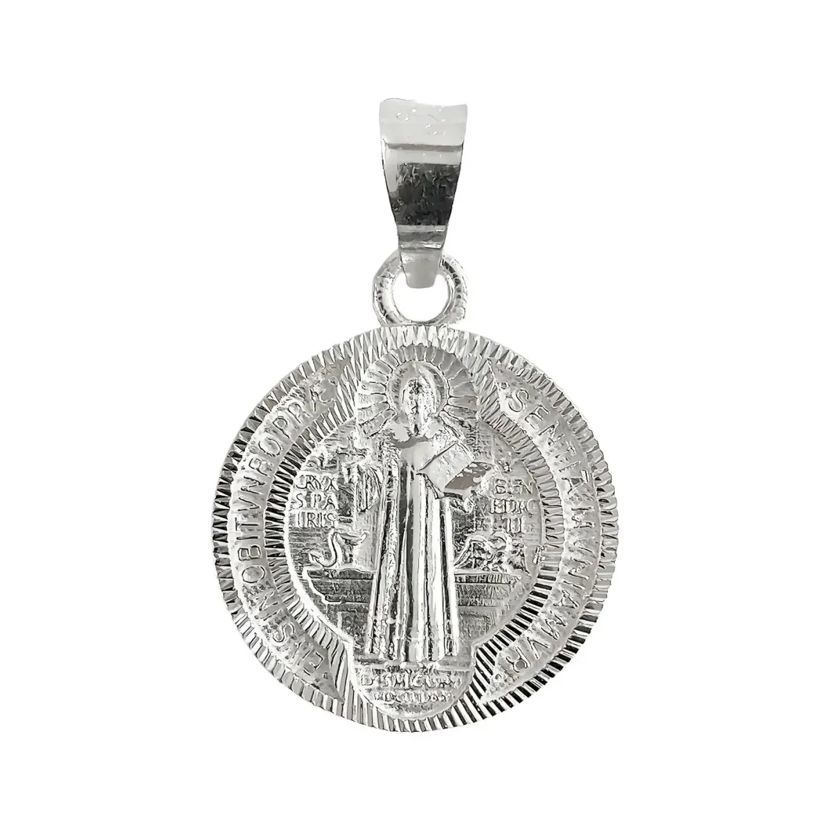 Dije Medalla San Benito Plata 925 nacional, diseño doble vista diamantado y pulido. Joyería de protección artesanal Taxco con