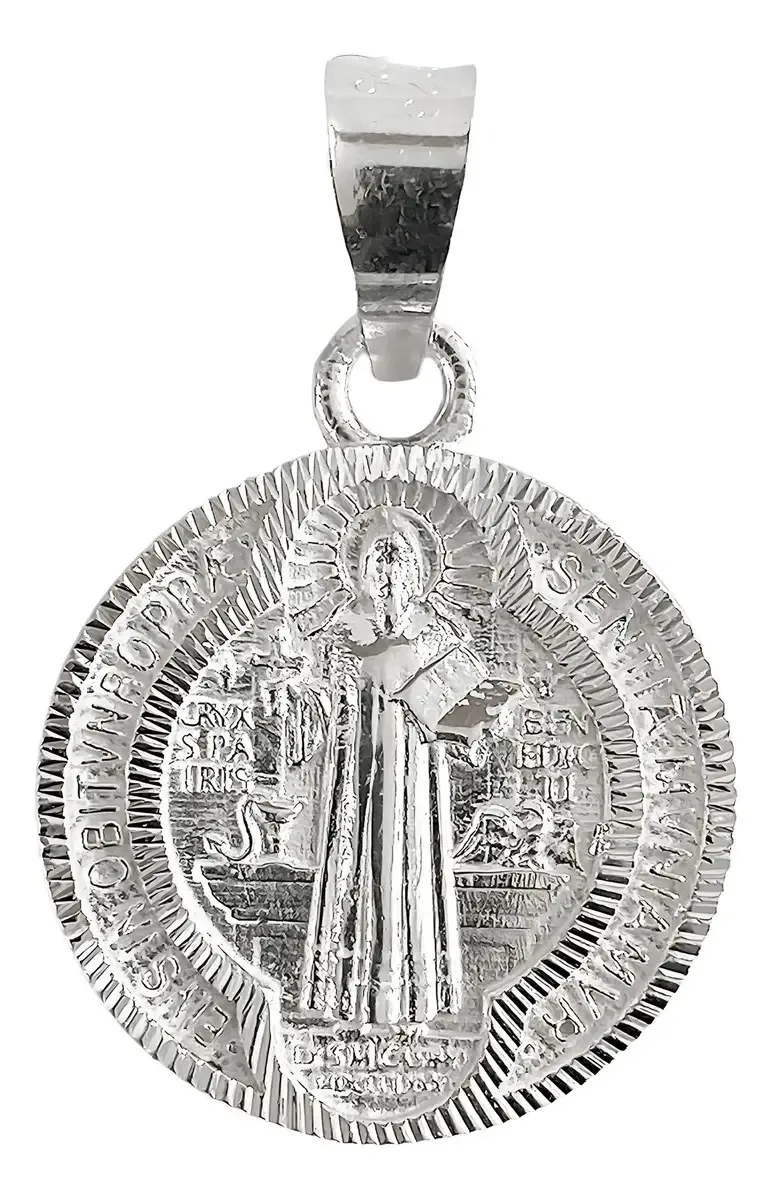 Dije Medalla San Benito Plata 925 nacional, diseño doble vista diamantado y pulido. Joyería de protección artesanal Taxco con