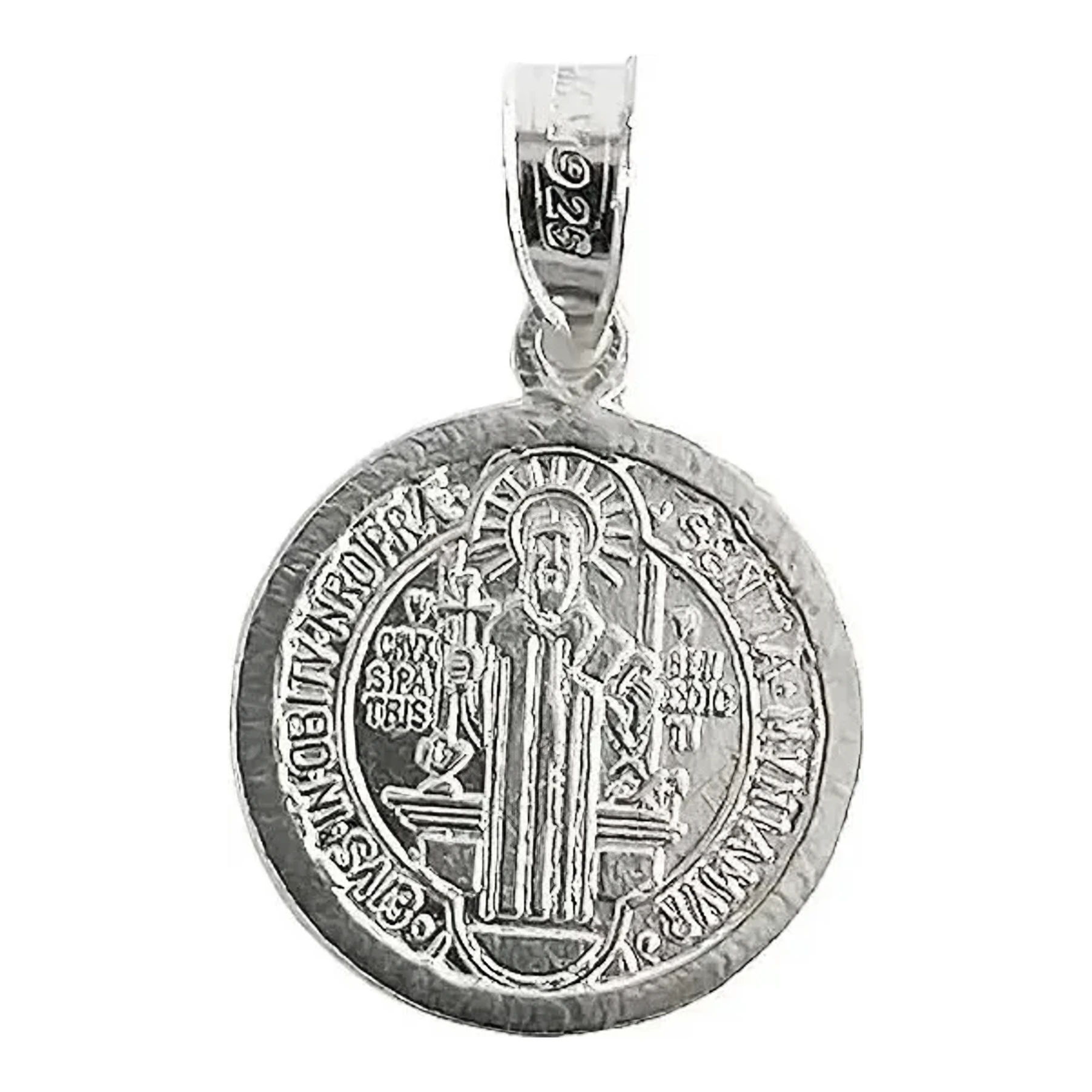 Dije Medalla San Benito Plata .925 doble vista, brillante, Plata .925 Nacional, diseño religioso moderno. Joyería de protecci