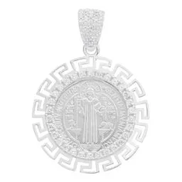 Dije Medalla San Benito Plata 925 Grecas Zirconias 3.4 Cm - Imagen 1