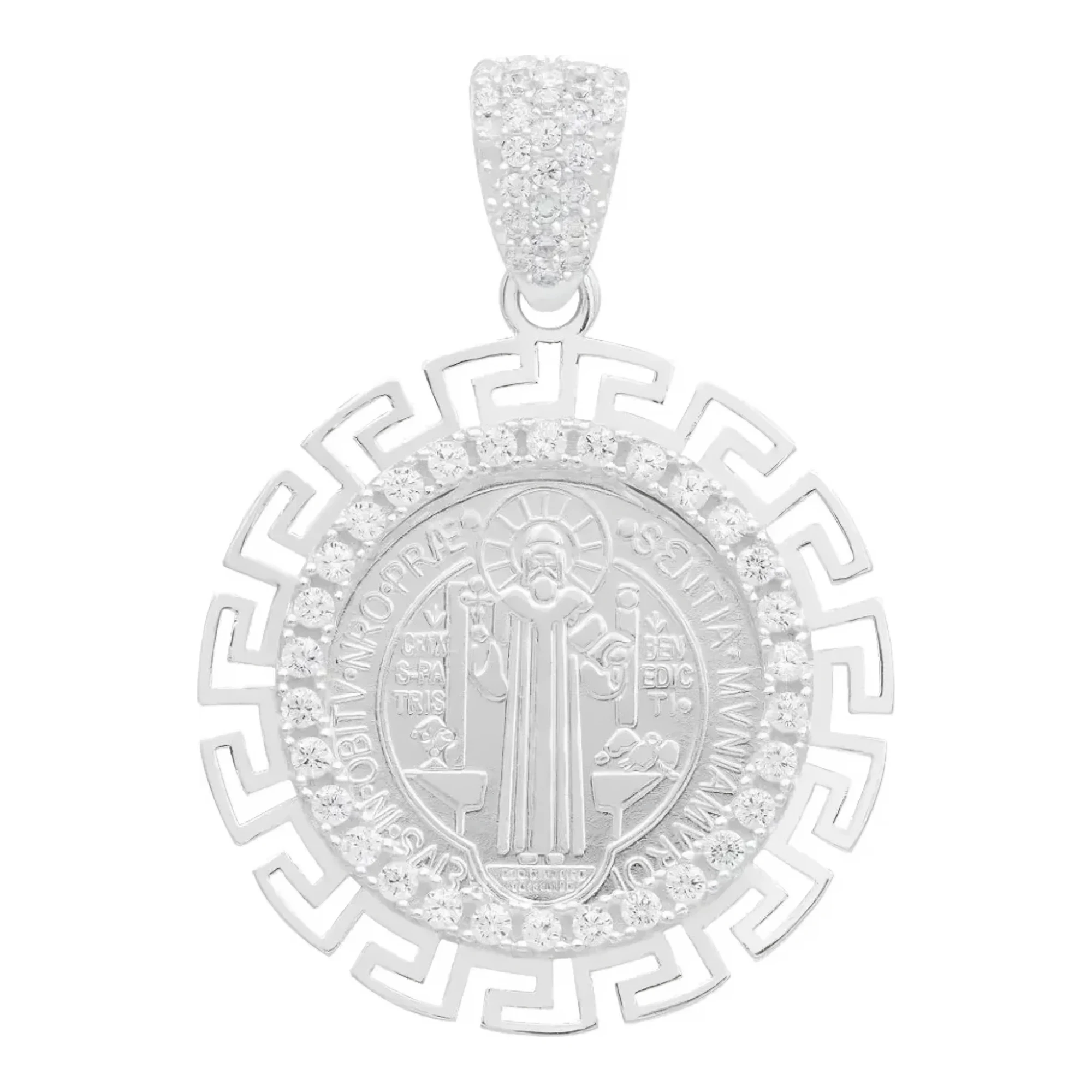 Dije Medalla San Benito Plata 925 Grecas Zirconias. Joyería católica artesanal de Taxco hecho a mano con alto relieve. Protec