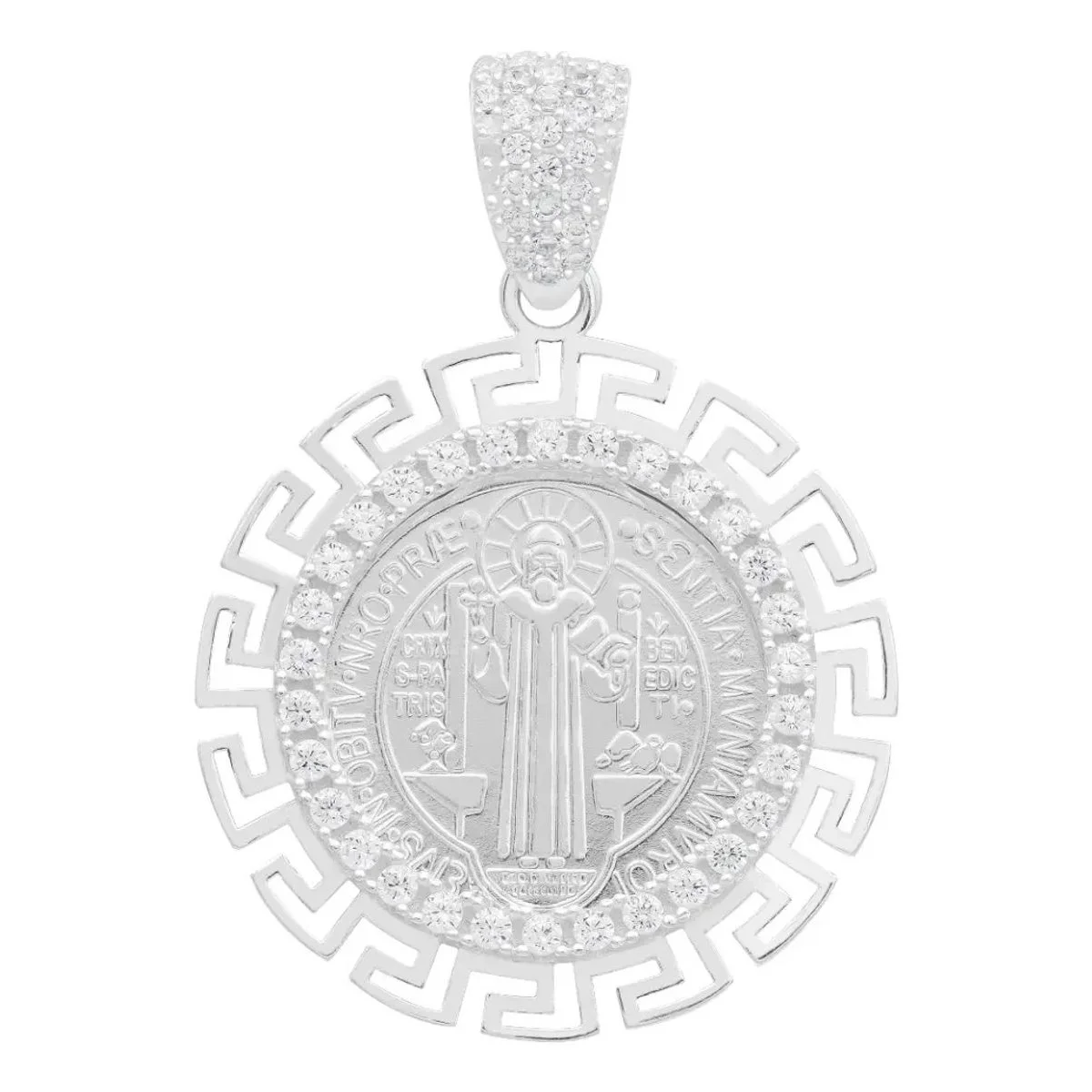 Dije Medalla San Benito Plata 925 Grecas Zirconias. Joyería católica artesanal de Taxco hecho a mano con alto relieve. Protec