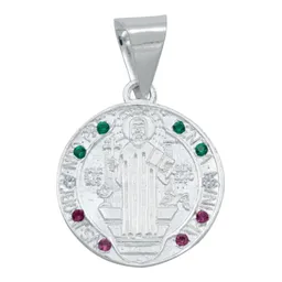 Dije Medalla San Benito Plata 925 Tricolor con Zirconia Doble Vista - Imagen 1