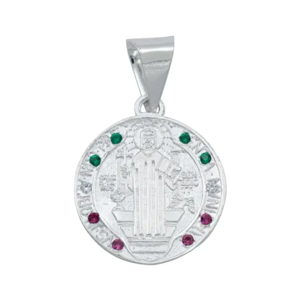 Dije Medalla San Benito Plata 925 Tricolor con Zirconia Doble Vista - Imagen 1