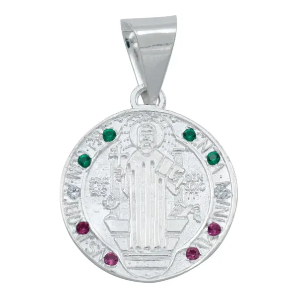 Dije Medalla San Benito Plata 925 Tricolor con Zirconia Doble Vista - Imagen 1