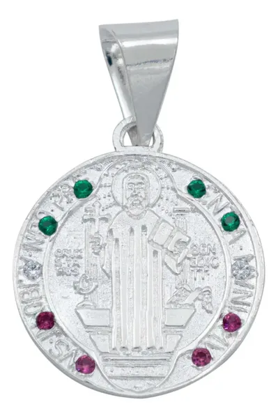 Dije Medalla San Benito Plata 925 Tricolor con Zirconia Doble Vista - Imagen 1