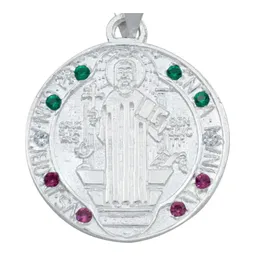 Dije Medalla San Benito Plata 925 Tricolor con Zirconia Doble Vista - Imagen 2