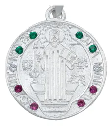 Dije Medalla San Benito Plata 925 Tricolor con Zirconia Doble Vista - Imagen 2