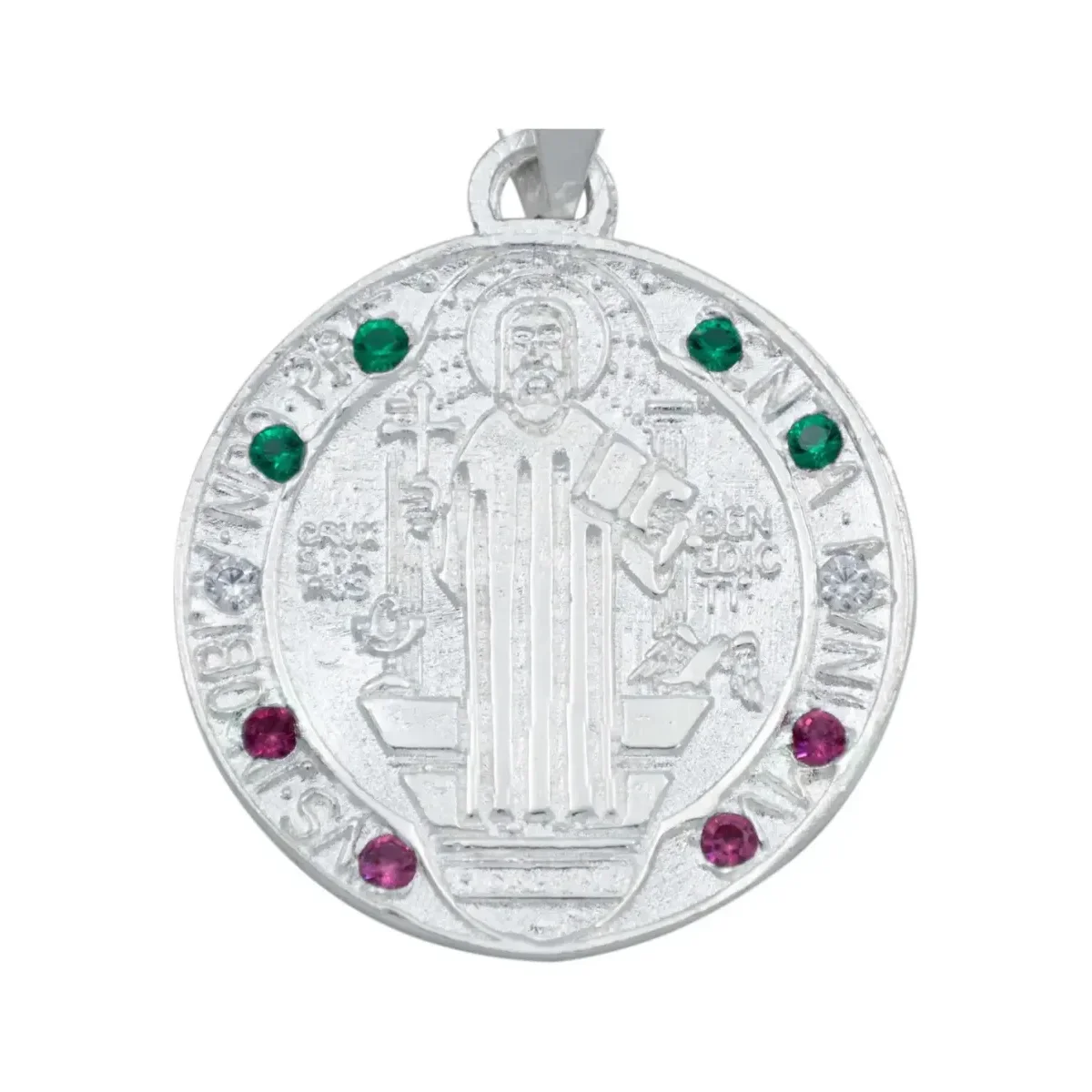 Dije Medalla San Benito Plata 925 Tricolor con Zirconia Doble Vista - Imagen 2