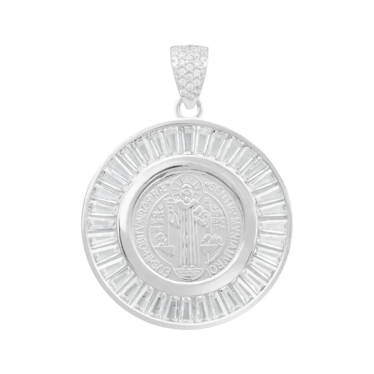 Dije Medalla San Benito Plata .925 certificada con zirconias baguette transparentes. Colgante de plata de protección para hom