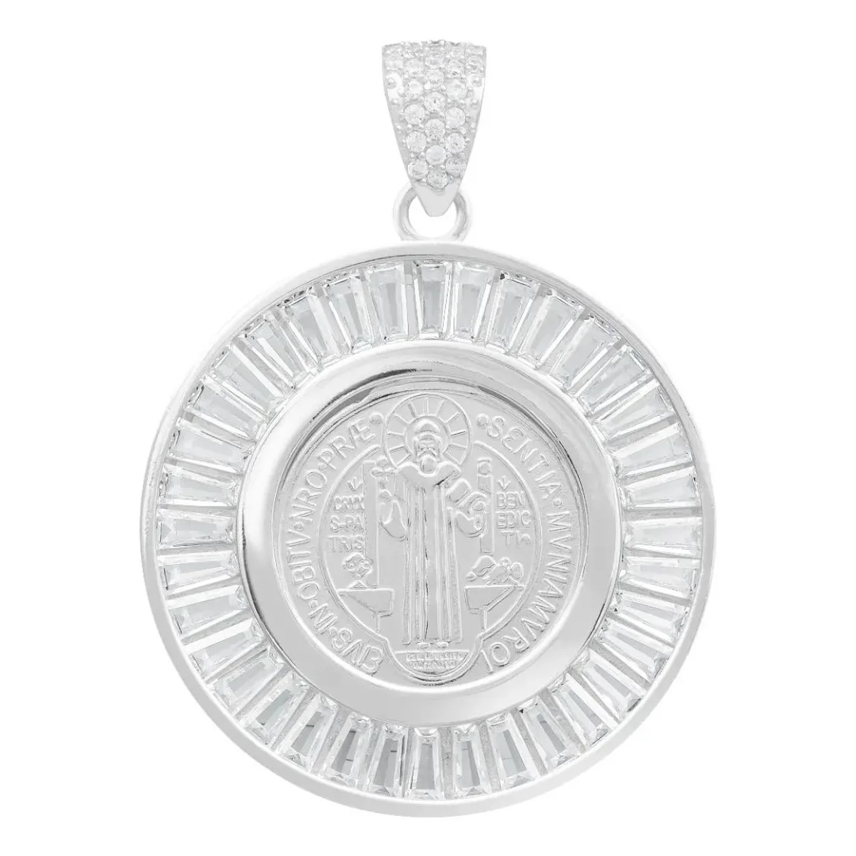 Dije Medalla San Benito Plata 925 certificada con zirconias baguette transparentes. Colgante de plata 925 para mujer, diseño