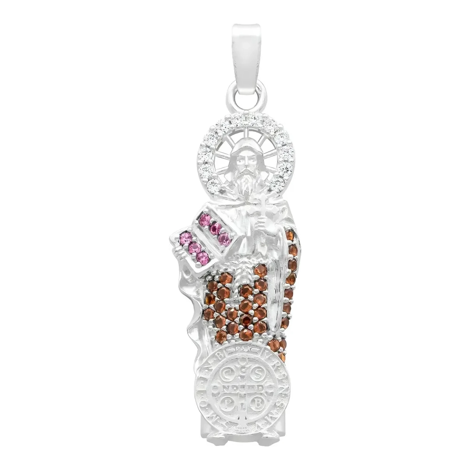 Dije medalla de San Benito plata 925 con zirconia café incrustada, joyería religiosa mexicana con acabado liso brillante