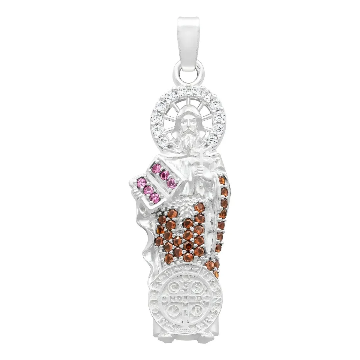 Dije Medalla San Benito Plata Ley .925 con Zirconia Café, Joyería Artesanal Plata Mexicana, diseño moderno y amuleto protecto