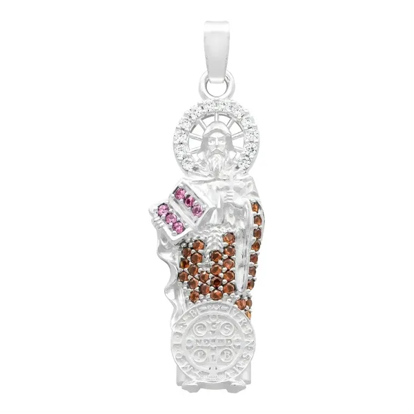 Dije Medalla San Benito Plata Ley .925 con Zirconia Café - Imagen 1
