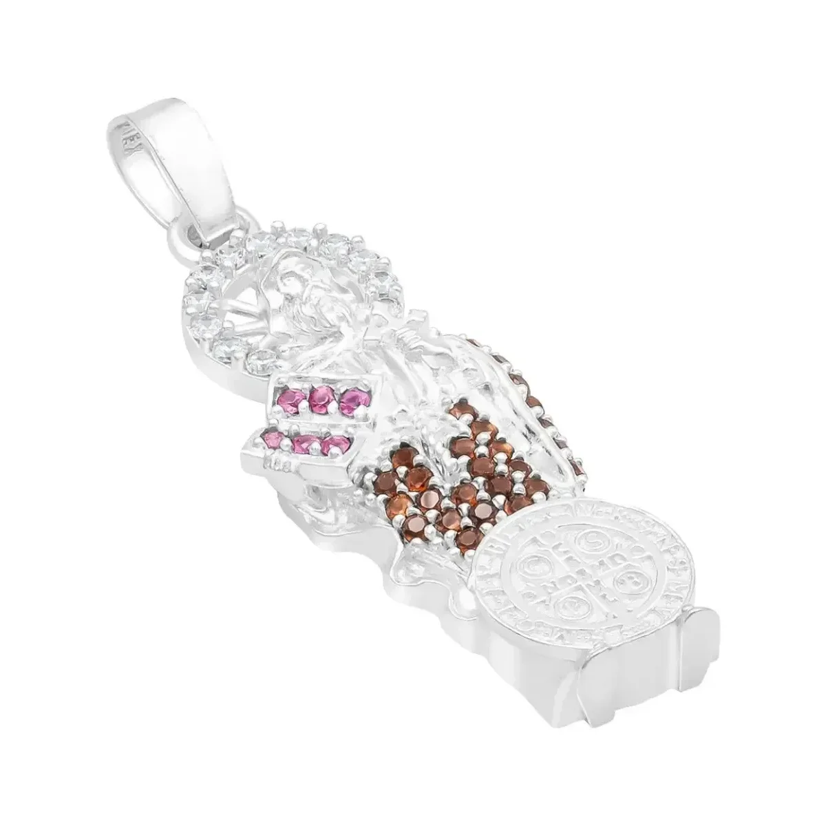 Dije Medalla San Benito Plata Ley .925 con Zirconia Café - Imagen 3
