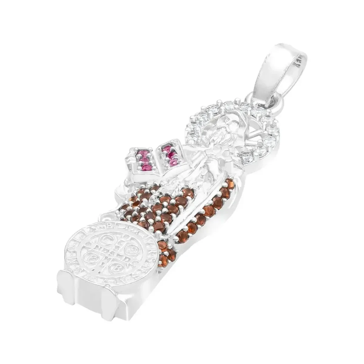 Dije Medalla San Benito Plata Ley .925 con Zirconia Café - Imagen 4