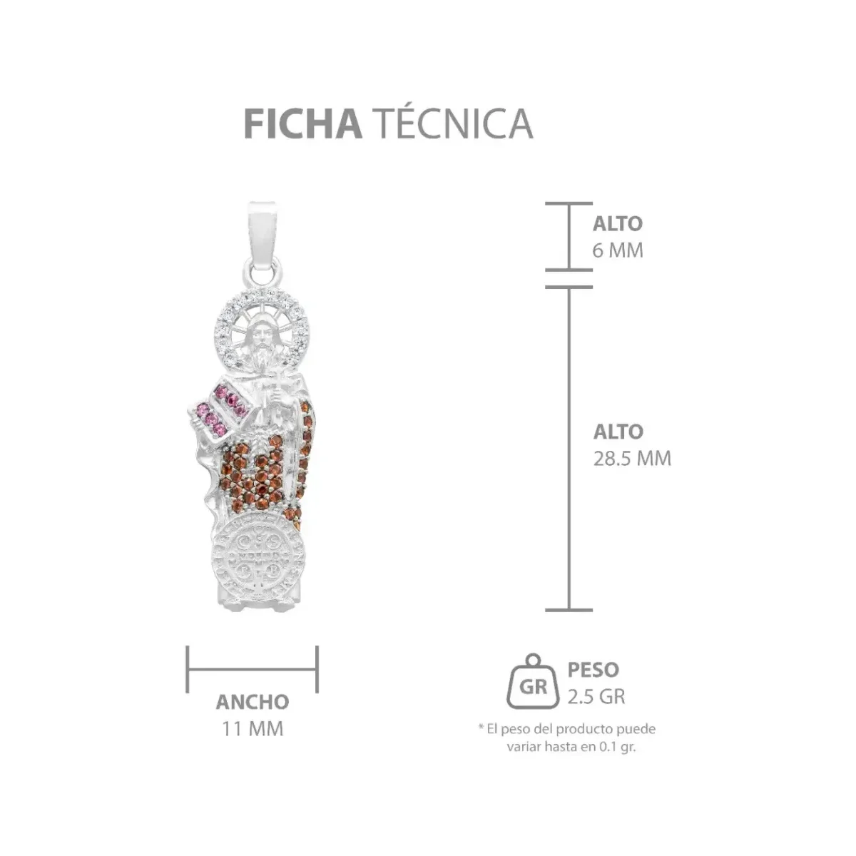 Dije Medalla San Benito Plata Ley .925 con Zirconia Café - Imagen 7