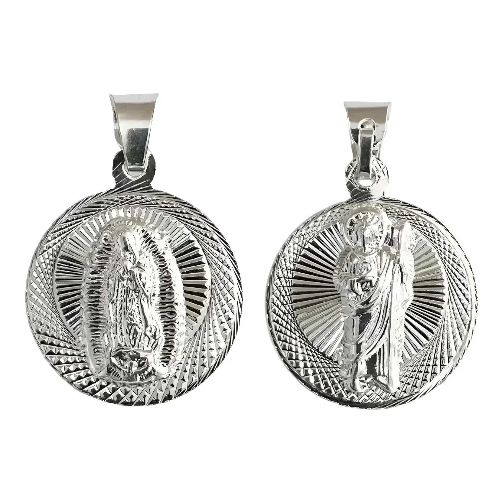Dije de plata .925 doble vista San Judas Tadeo y Virgen de Guadalupe, acabado diamantado. Joyería católica moderna mexicana.