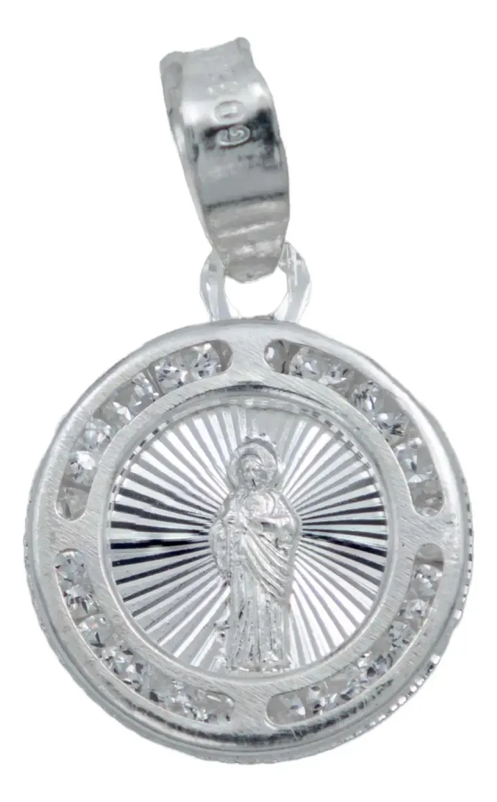 Dije Medalla San Judas Tadeo Plata 925 ley .925, colgante San Juditas con diseño diamantado y brillante zirconia blanca. Joya