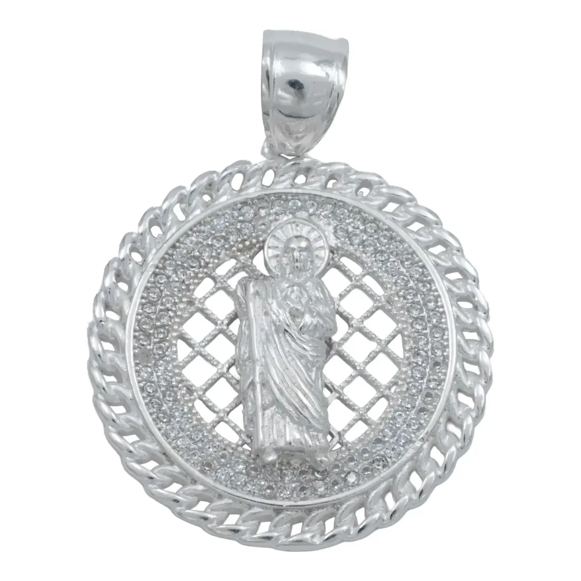 Dije medalla San Judas Tadeo plata .925 con micro zirconias incrustadas y acabado liso para hombre en joyería religiosa