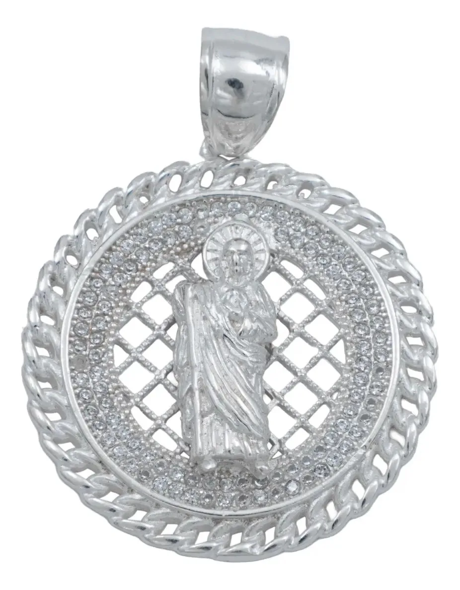 Dije Medalla San Judas Tadeo de plata .925 con zirconias para hombre. Joyería de diseño, accesorio de plata de ley, símbolo d