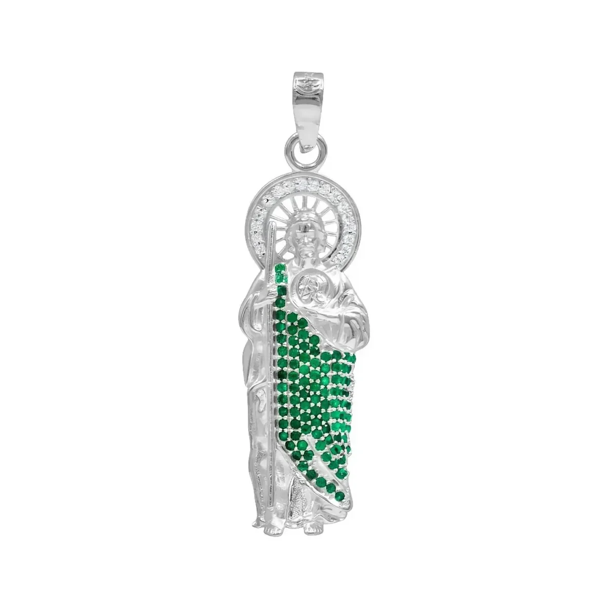 Dije Medalla San Judas Plata .925 con Zirconias Verdes, colgante San Judas Tadeo de protección, joyería artesanal mexicana.