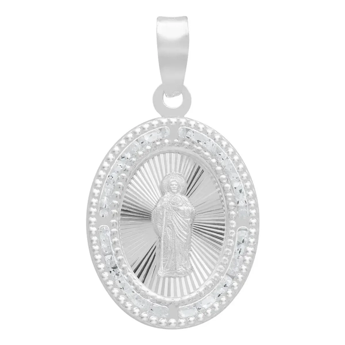 Dije Medalla San Judas Plata 925 ovalado con zirconia transparente, joyería mexicana devocional y de protección, ideal para m