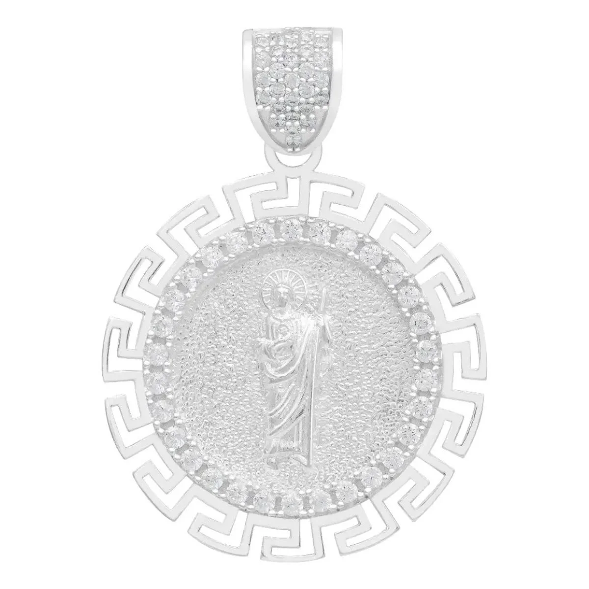 Dije Medalla San Judas Tadeo Plata 925 con zirconias y grecas - Joyaris joyería fina mexicana religiosa
