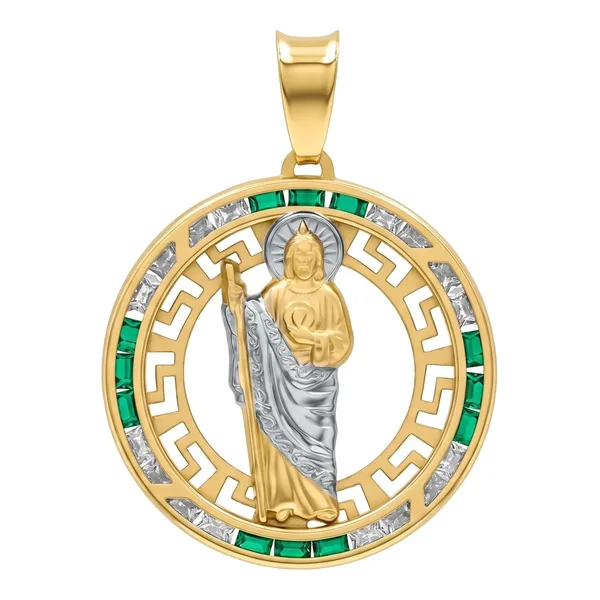 Dije medalla San Judas Tadeo redondo en oro 10k con zirconias verdes - Joyaris joyería fina mexicana