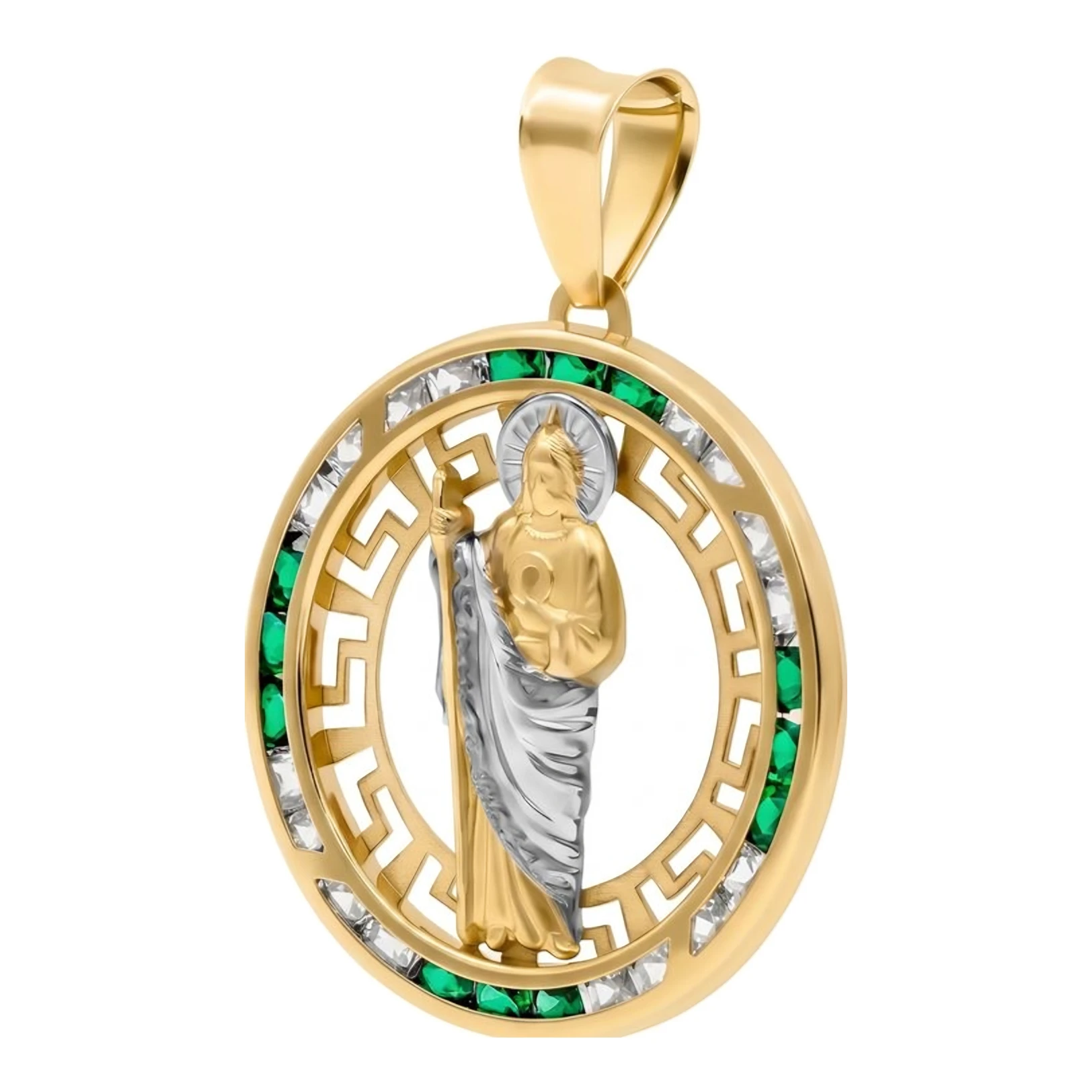 Dije Medalla San Judas Tadeo de Oro 10k con Zirconias Verdes - Imagen 2