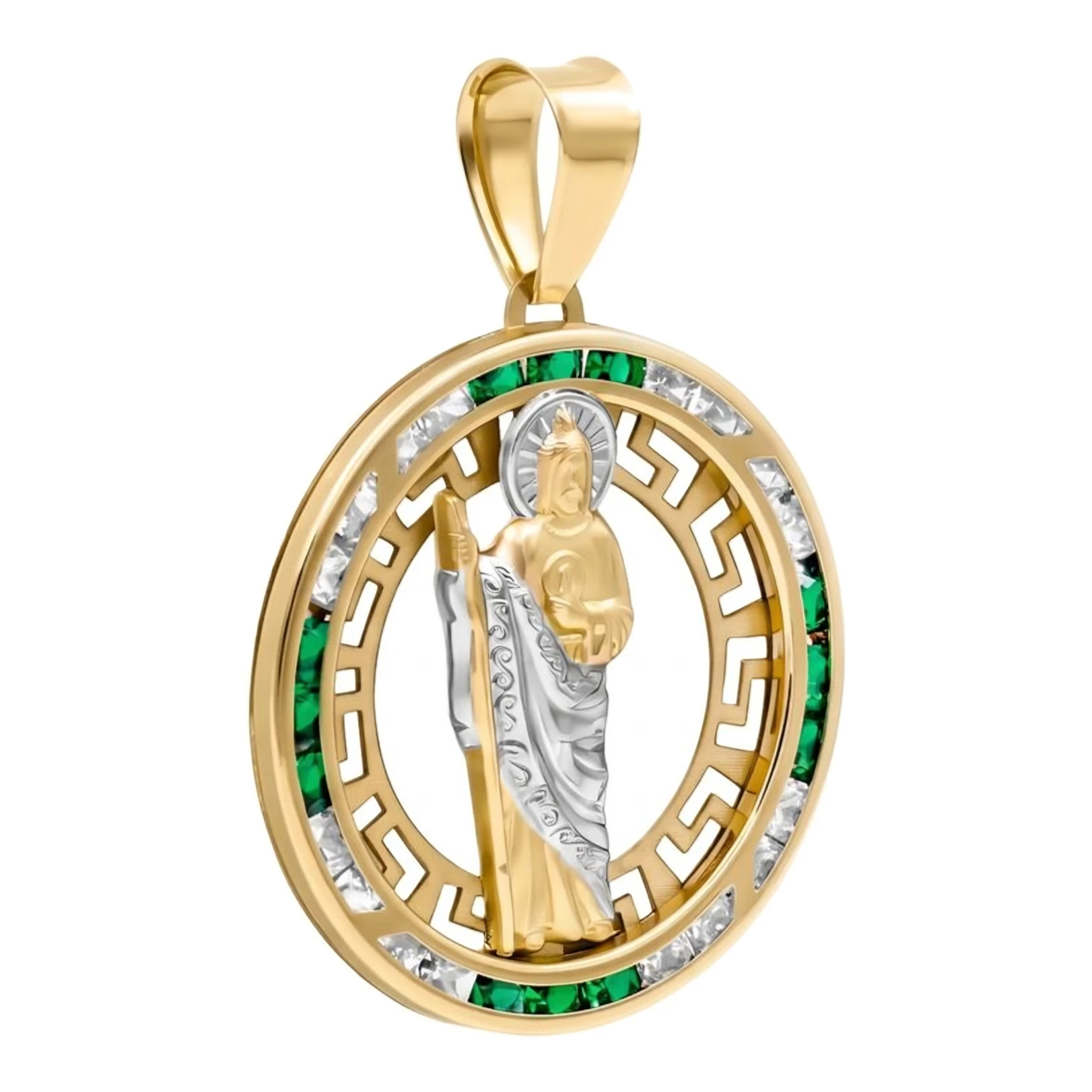 Dije Medalla San Judas Tadeo de Oro 10k con Zirconias Verdes - Imagen 3
