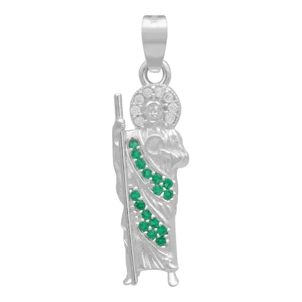 Dije Medalla San Judas Tadeo Plata 925 con Zirconia Verde Liso Modelo 2261 - Imagen 1