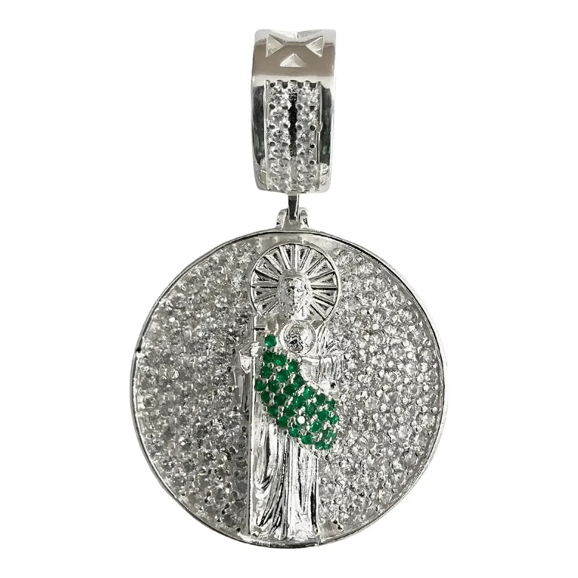Dije Medalla San Judas Tadeo Plata .925 con Zirconia Verde - Joyaris joyería fina mexicana