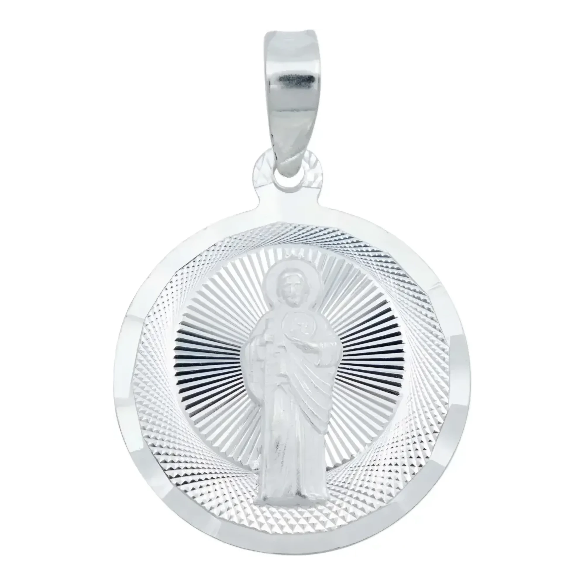 Dije medalla San Judas Tadeo chico en plata ley .925 nacional color plata brillante con acabado diamantado redondo de 10 mm