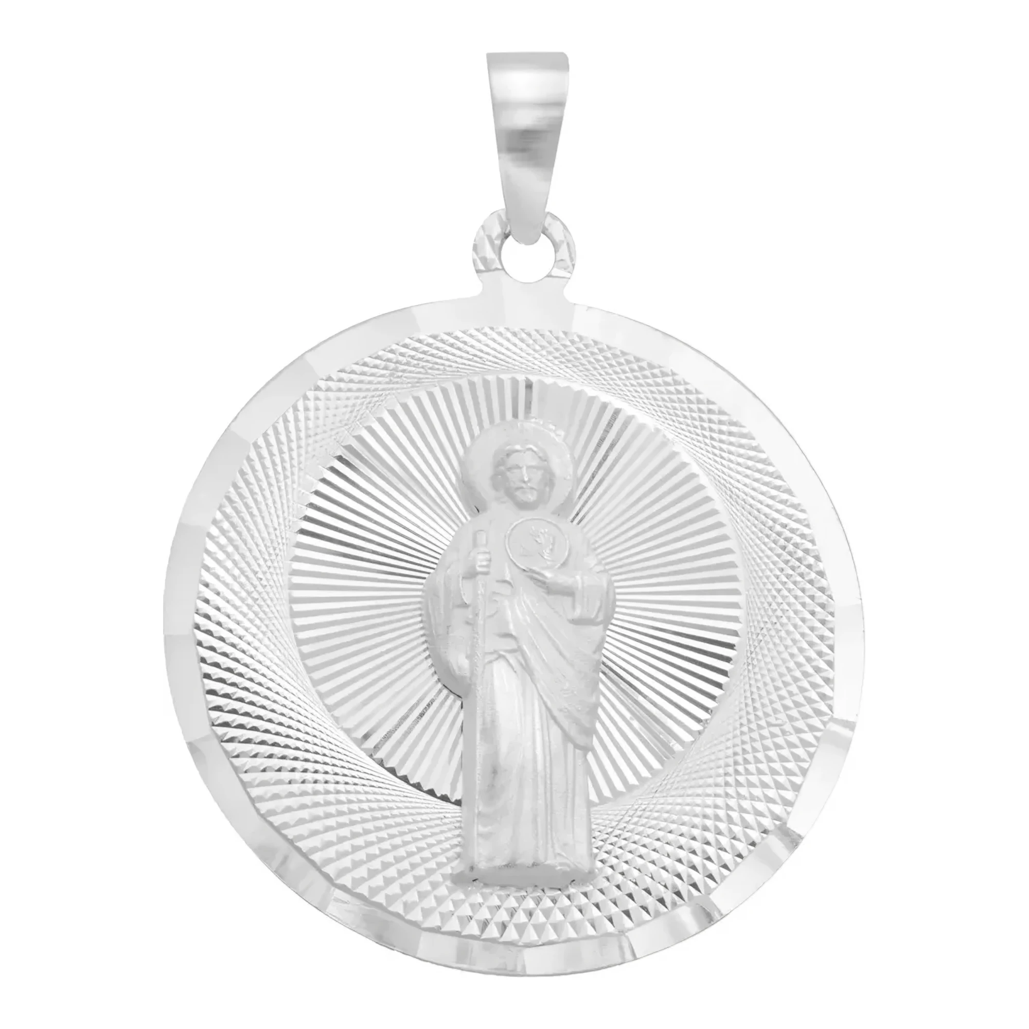 Dije medalla San Judas Tadeo de plata .925 acabado diamantado brillante circular de 10 mm con broche perico grabado sutil