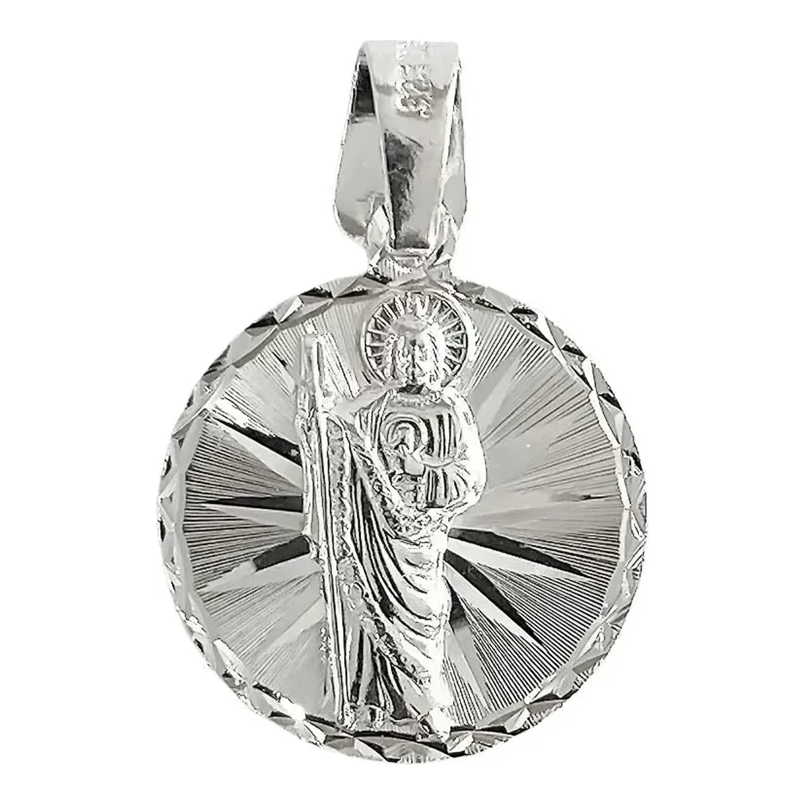 Dije medalla San Judas Tadeo en plata .925 diamantada nacional de 30x10 mm, silueta religiosa brillante con broche perico