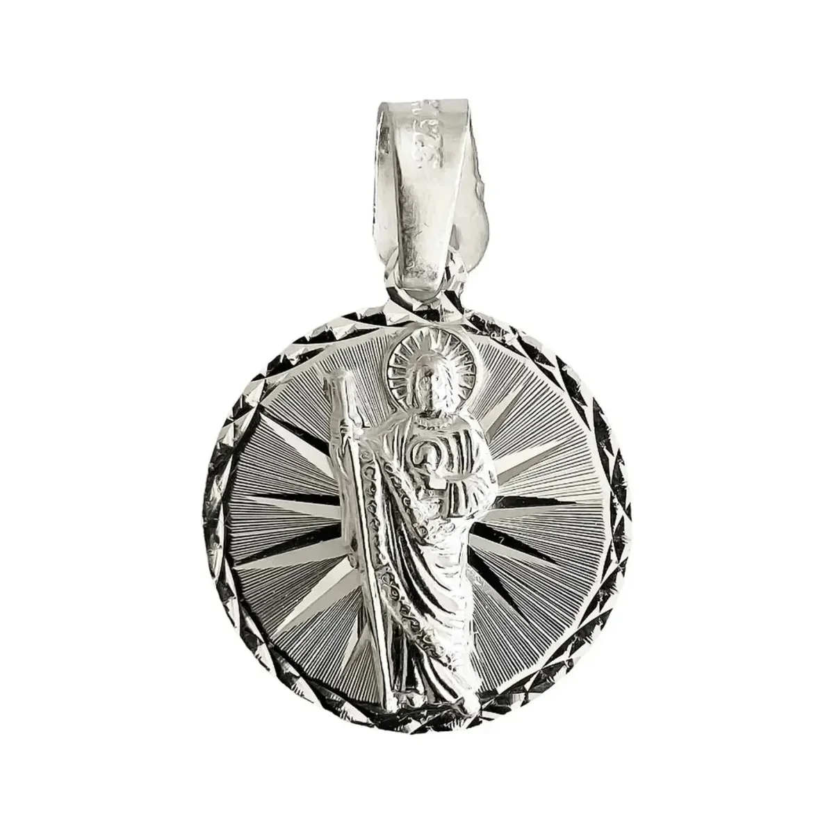 Dije Medalla San Judas Tadeo Plata 925 nacional, acabado diamantado, diseño clásico, joyería de plata ley 925 para hombres.