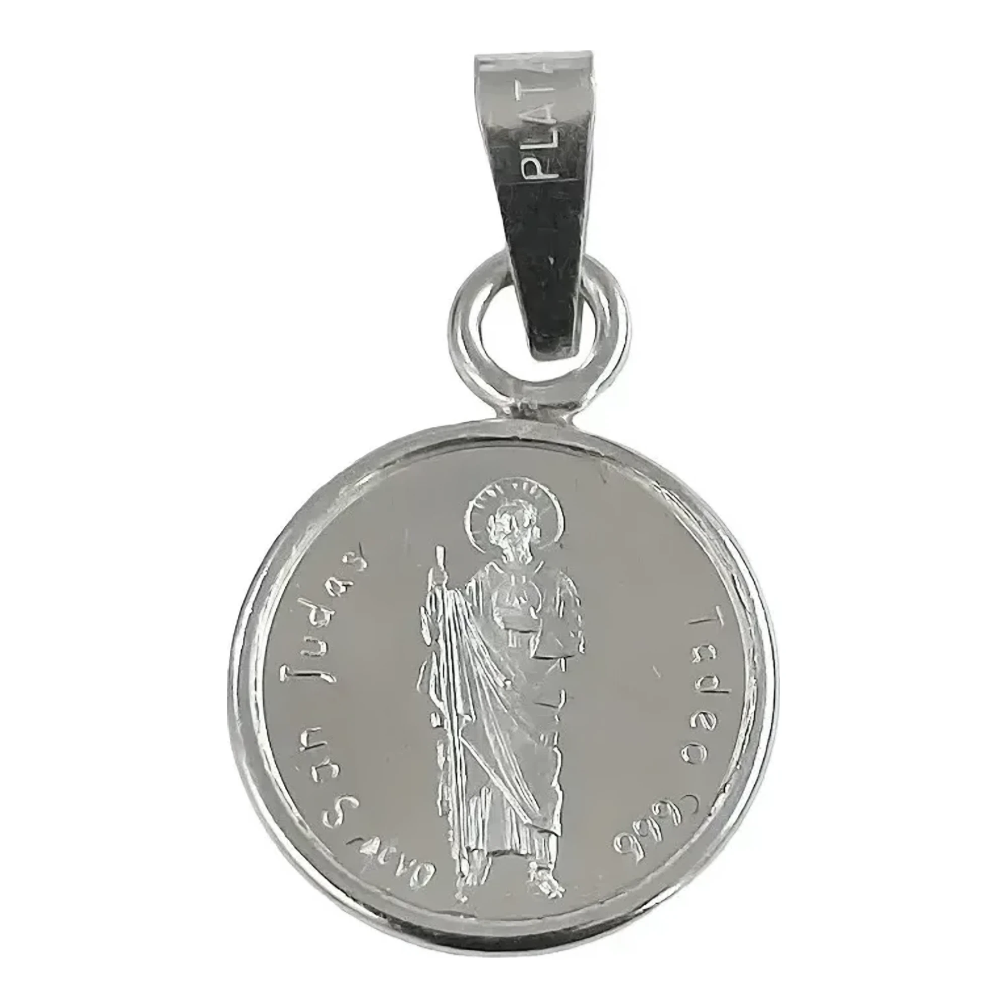 Dije medalla San Judas Tadeo plata .999 fina nacional con acabado espejo brillante y broche perico diseño religioso unisex