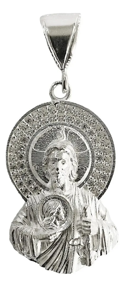 Dije medalla de San Judas Tadeo en Plata Ley 999 mexicana, con diseño detallado y manto de Zirconia 6A brillante.