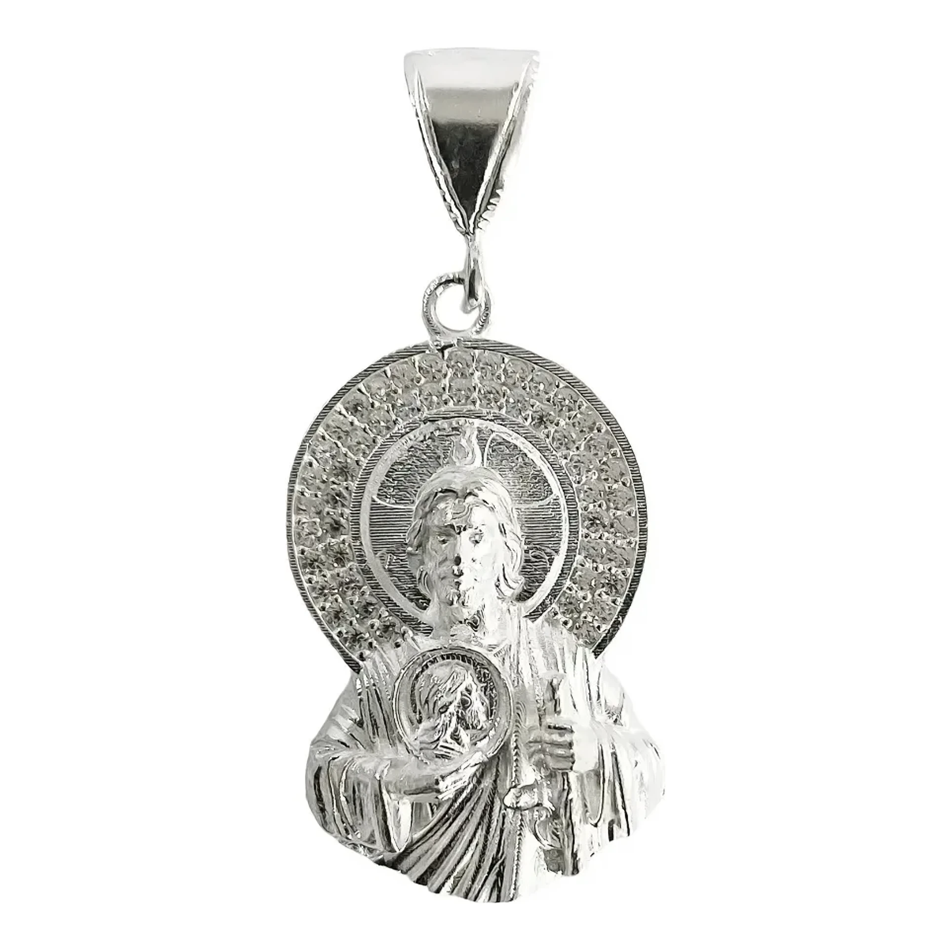 Dije medalla San Judas Tadeo en plata .925 brillante con incrustación de zirconias blancas y grabado religioso tradicional