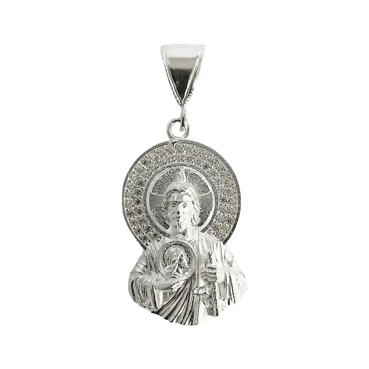 Dije medalla San Judas Tadeo grabado en Plata .925 con Zirconia. Colgante brillante de protección, joyería artesanal mexicana