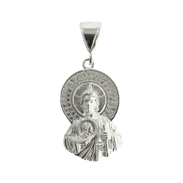 Dije Medalla San Judas Tadeo Plata 925 con Zirconia Grabado - Imagen 1