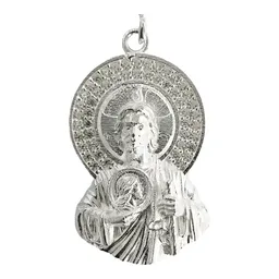 Dije Medalla San Judas Tadeo Plata 925 con Zirconia Grabado - Imagen 2